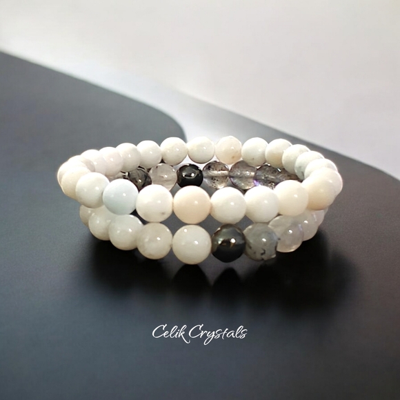 White Opal Crystal Stack - 8mm Unisex Natural Stones Handmade Stretch Beads - Picture 2 of 5